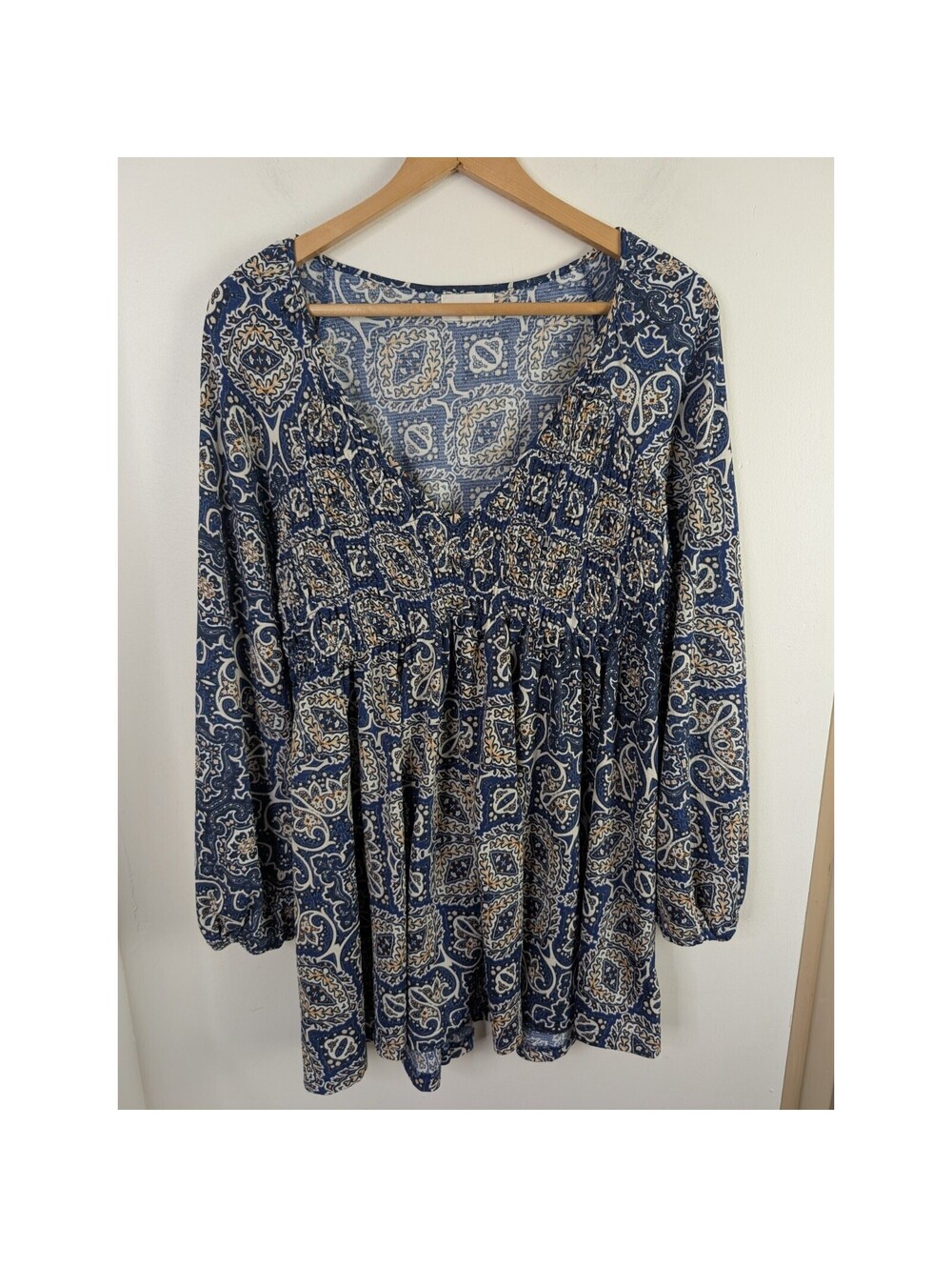 Melloday Size Large Dress Blue Long Sleeve Short L Flowy Hippie Boho Cottagecore